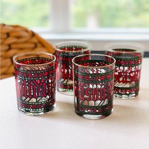 VINTAGE HOUZE SET OF 4 SEASONS GREETINGS Old Fashion Glasses Gold Trim.